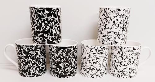 Rainbow Decors Venetian Black & White Mugs Bone China Large Balmoral 14fl oz 400 ml Swirl & Leaves Cups Hand Decorated in UK