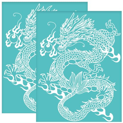 OLYCRAFT 2 Stück 28x22cm Chinesischer Drache Siebdruckschablone Mit Tiermotiv Selbstklebende Siebdruckschablone Netzschablonen Zum Übertragen Heimdekor Für DIY T Shirt Kissen Stoffdekoration