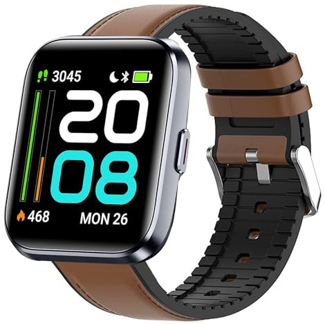 Lamshaw Correa de Cuero Compatible con Tensky Smartwatch ID208 Plus-1.8,Correa de Silicona y Cuero Híbrido para Mujeres y Hombres (Marrón)