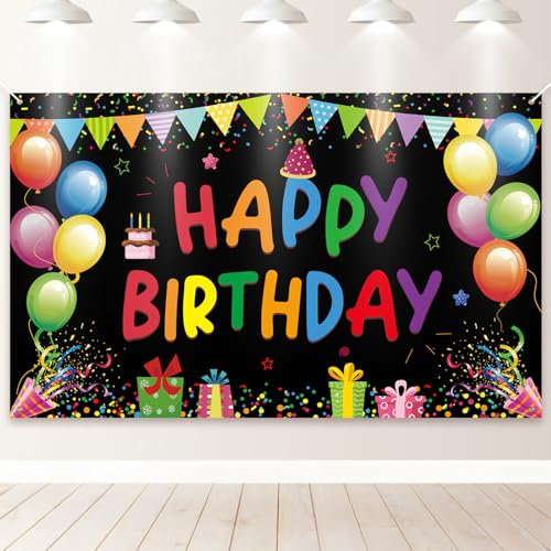 PartyYaa Striscione di compleanno, striscione di buon compleanno, decorazione per bambini, extra grande, per feste di compleanno, macchina fotografica, sfondo decorativo, per ragazze e ragazzi (nero)