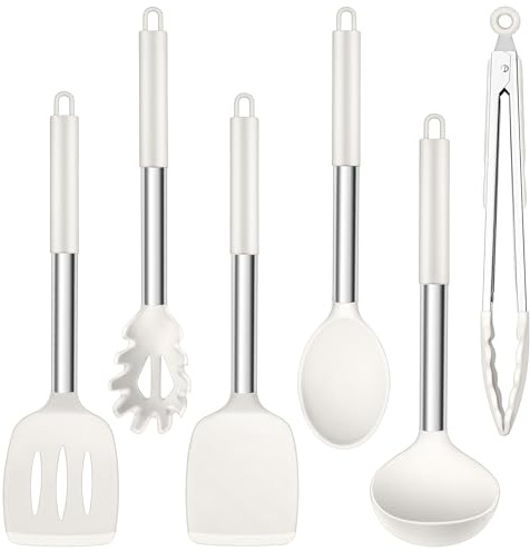 Herogo Juego de utensilios de cocina, 6 piezas de silicona, resistentes al calor, mango inoxidable, espátula antiadherente, fácil de limpiar, blanco
