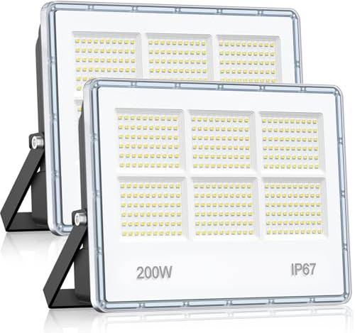 LAMLAMCK 200W Focos LED Exterior - 2 Piezas 20000LM 360 LEDs Superbrillante Luz Exterior, IP67 Impermeable, 7000K Blanco Frío Proyector LED para Garajes, Patios, Fábricas, Calles y Estadios