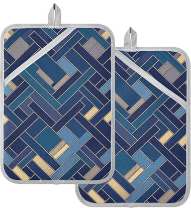 Presine da cucina resistenti al calore, alla moda, geometriche a spina di pesce, oro, blu, con tasche, cuscinetti caldi, confezione da 2
