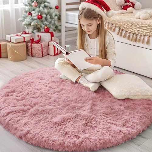 Homaxy Hochflor Waschbar Klein Teppich Wohnzimmer 120 cm Rund, Rosa | Anti-Rutsch Unterseite Teppiche, Flauschig Mädchen Teppich fürs Kinderzimmer, Schlafzimmer