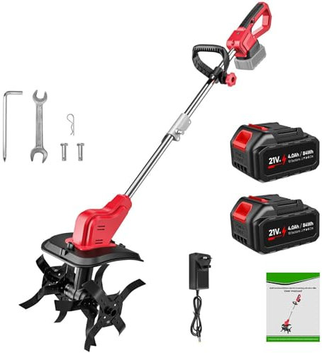 Electric Tiller, 21V Electric Garden Rotavator with 2 × 4.0Ah Battery, 4 Blades, Double Roller, LED Display ＆ Double Safety Switch, 30CM Working Width and 22CM Depth, for Gardening ＆ Cultivating