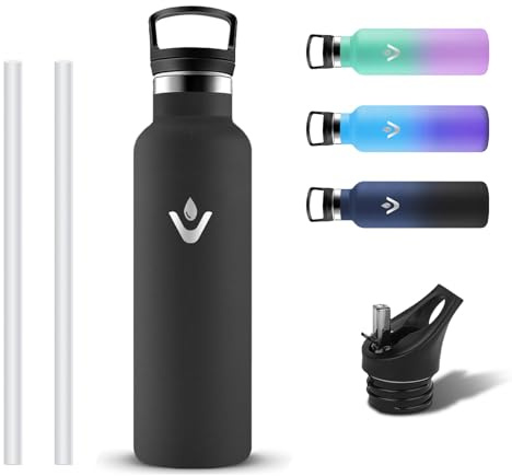 Grsta Botella Agua Acero Inoxidable 500ml, Sin BPA Botella Agua Niños con Pajita, Reutilizable Termo con 2 Tapones, Prueba de Fugas Cantimplora Termica para Cámping, Senderismo, Deporte, Escuela