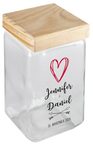 Herz & Heim® Personalisierbares Vorratsglas mit Bambusdeckel – 2 l Glasdose mit individuellem Aufdruck – Geschenk zu Hochzeit, Geburtstag, Einzug – luftdicht & dekorativ (Herz (schwarz))