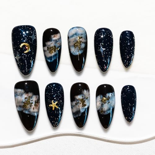 Sun&Beam Nails Handgefertigte Kunstnägel Mittel Lang Mandel Nägel zum Aufkleben in Schwarz Ombre Handgemalt Elegant Design mit Klebepads 10 Stück (#274 S)