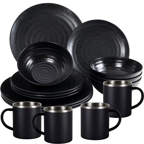 Melamin Geschirr Set Schwarz für 4 Personen 16 Teile mit Edelstahl Thermo Tassen doppelwandig - Essgeschirr - Campinggeschirr Picknick ideal für Camping modern Outdoor