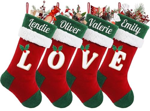 Heflashor Personalisiert Weihnachtsstrumpf mit Buchstaben Große Samt Plüsch Nikolausstrumpf mit Bestickter Name Zum Aufhängen und Befüllen Christmas Dekoration,Grün,2 PCS