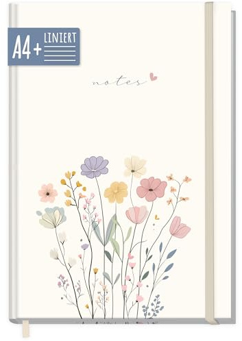 paper&you® anteckningsbok linjerad A4+ med elastiskt band Flower Joy 156 sidor, 78 ark - linjerad anteckningsbok, dagbok, skissbok, dagbok - hållbar & klimatvänlig