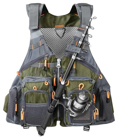 TOMSHOO Fly Fishing Vest for Men Women Adjustable Strap with Mesh Shoulder Pad Multi Pockets for Outdoors Stream Fishing (Green)