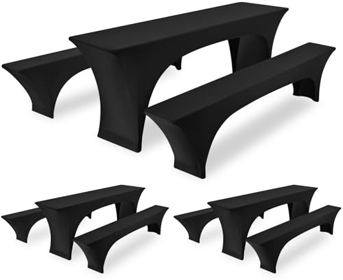 FXKS Stretchhussen Set 9tlg. 3 Biertisch + 6 Bierbank Hussen Schwarz | Für 3 Bierzeltgarnituren, 220 x 50 x 70 cm, Elastisch und Waschbar, mit Fußtaschen für Party und Bankett