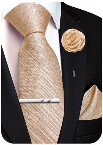 Ailisus Goldene Krawatte Herren Set Streifen Seiden Krawatte mit Einstecktuch Ansteckblume Krawattenklammer für Hochzeit