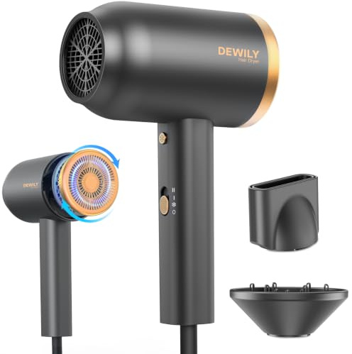 DEWILY Sèche-cheveux ionique avec diffuseur 1800W, séchage rapide, bouton chaud/froid, diffuseur thermostatique, 3 températures, 2 vitesses, avec concentrateur et boucleur, Noir Et Or