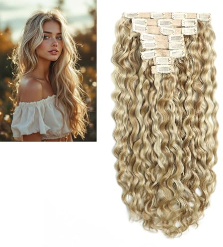 Larafona Extensiones de pelo humano con clip en 9A, rizado grande, color marrón balayage, reflejos rubios claros, extensiones de cabello humano virgen Remy P8/60# 24 pulgadas/60 cm