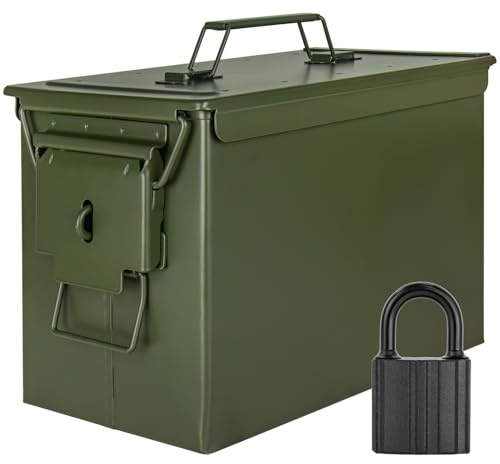 Trucky Munitionsbox mit Schloss 33x19x23 cm Ammo Box Metallkiste Metallbox Munitionskiste Aufbewahrungsbox mit Deckel Army Grün Metall