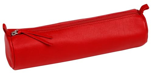 Clairefontaine 8308C - Trousse Scolaire Ronde Rouge Ø5,5x22 cm en Véritable Cuir d'Agneau