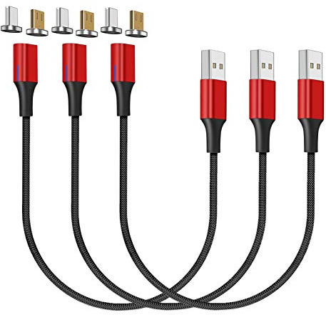 NetDot Gen10 Micro USB und USB-C Nylon-geflochtenes magnetisches Schnellladekabel mit seitlicher LED kompatibel mit Android-Gerät (0.3m/3 Pack rot)