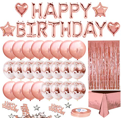 iZoeL Rose Gold Birthday Party Decoration for Girls Women Happy Birthday Banner, Rose Gold Fringe Curtain Foil Tablecloth, Heart Star Confetti Balloons and 10g Table Confetti