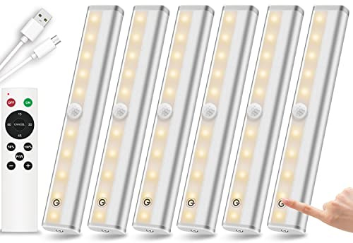 Remote Control Under Cabinet Lighting Wireless 6 Pack, 20-LED Dimmable Closet Lights Rechargeable Under Counter Light, Stick on Touch Night Light Strip Bar for Kitchen Stairway Bedroom, 3 Colors
