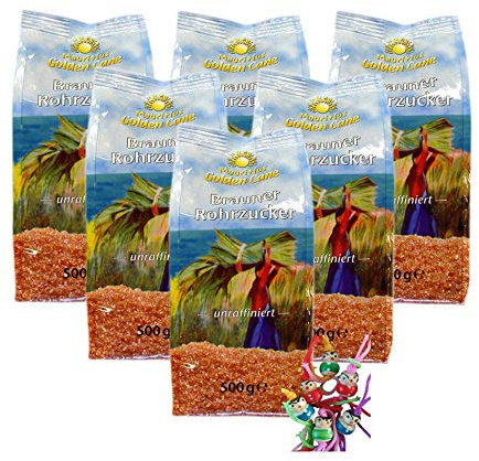 6er Pack - [ 6x 500g ] GOLDEN CANE Brauner Rohrzucker (unraffiniert) Mauritius + ein kleiner Glücksanhänger gratis