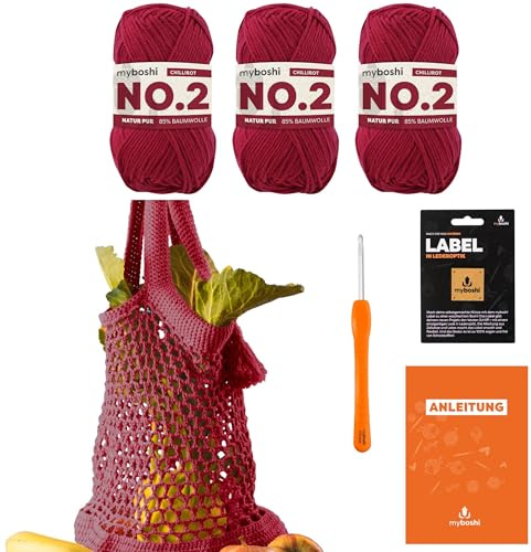 myboshi Häkelset Einkaufstasche noplasticbag, inkl. No.2 Wolle, Nadel und Anleitung, Häkelpaket, 85% Baumwolle, 15% Kapok Rot, mit Häkelnadel