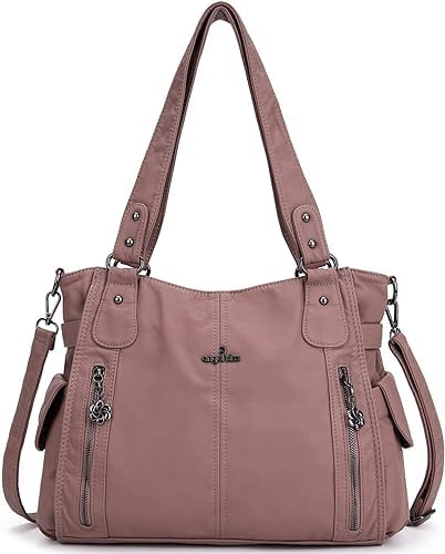 ZOCAI AngelKiss Handtasche Damen Schultertasche Multifunktionale Umhängetaschen Gewaschenes Veganes Leder Wasserdicht mit Reißver Schlusstaschen Reißverschlusstasche (Rosa 3)