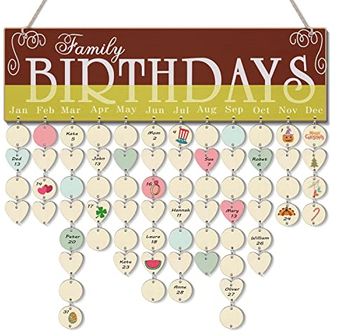 Flexzion Family Birthday Calendar Wall Hanging Board – Wooden Family Plaque with Tags, Wooden Birthday Board with 50 Heart & Circle Discs, DIY Date Reminder Gift for Mom Grandma Classroom Office Decor