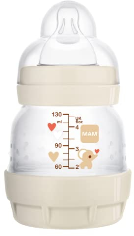 MAM Easy Start Anti-Colic Baby Milk Bottle | Pack of 1 x 130ml | Self-Sterlising | Slow Flow MAM Teats Size 0 | Newborn Essentials | Cream (Various Designs)