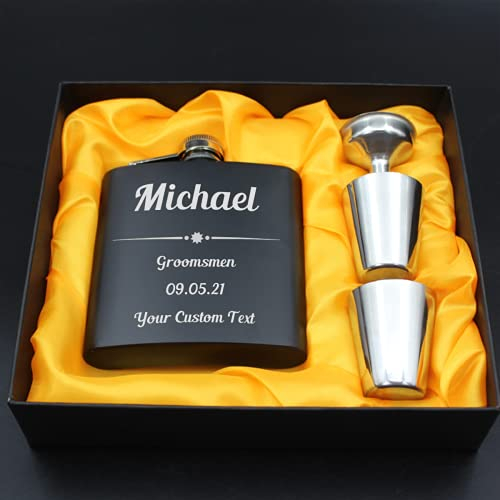 Fiaschetta in acciaio inox con incisione laser personalizzabile, ideale come regalo di compleanno, matrimonio, anniversario, colore nero
