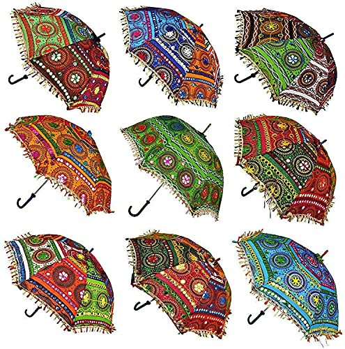 Indian Cotton Vintage Umbrella Cotton Multi Color Embroidery Sun Umbrella Parasol 24 Inches 10 Pcs Lot Indian Handmade Designer Cotton Umbrella By ARISE EXPORT
