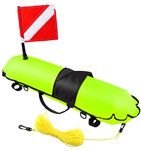 Spearfishing Buoy, Hi-Visibility Inflatable Torpedo Buoy Float Signal Floater Ball with Dive Safety Flag and 82ft Ropes for Scuba Diving, Freediving, Snorkeling, Swimming (Fluorescent Yellow)