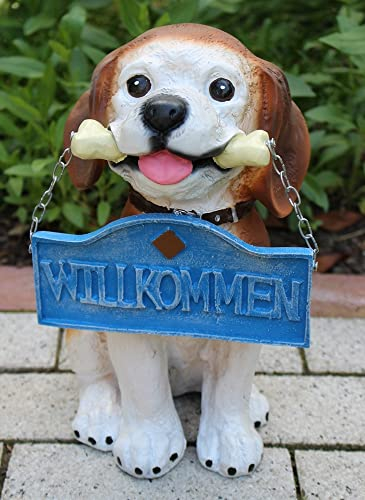 Dekofigur Hund mit Wilkommen Schild Deko Figur H 30 cm aus Kunstharz Tierfigur Garten Figur