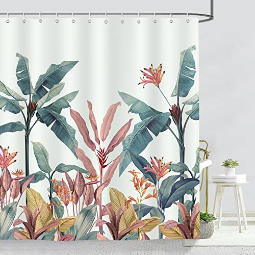 Bonhause Cortina de Ducha Hojas de Plátano Planta Tropical Verde 180 x 180 cm Cortina de Baño de Poliéster Impermeable Antimoho Lavable Cortina Ducha con 12 Ganchos