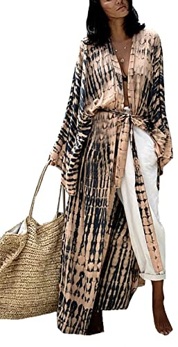 LikeJump Damen Kimono Knielänge Strandkleid Lang Sommerkleid Bikini Cover Up