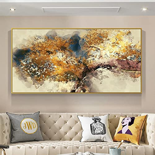 Astratta Tronco D'albero Marrone Con Foglie D'oro Dipinto Ad Olio Su Tela Poster E Stampa Grande Grande Quadro Su Tela Per Soggiorno 50x103cm(20x41in) Con Cornice
