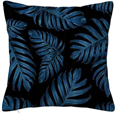 Kissenbezug 45 x 45 cm, quadratisch, Palm Monstera Muster blau schwarz tropischer Sommer Hintergrund Strand Dschungel Blätter Co,modernes Zuhause, dekorativer Kissenbezug für Sofa Bett Auto Büro