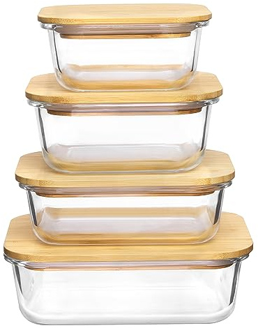 Vtopmart Glass Food Storage Containers with Bamboo Lids, 4 Pack Meal Prep Glass Containers Safe for Microwave, Oven, Freezer and Dishwasher, BPA Free
