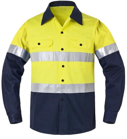 Yukirtiq Camisa de Trabajo para Hombre Camisetas y Polos Alta Visibilidad Camisa de Trabajo Manga Larga Botones Algodón Camisa con 2 Bolsillos, Amarillo, XXL
