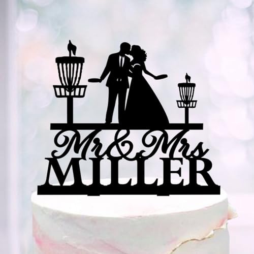 TiTaicor Disc Golf Wedding Cake Topper,Disc Golf Cake Topper,Frisbee Silhouette Topper,Frisbee Couple Cake Topper,Mr Mrs Discgolf Party Supplies for Birthday,Bride,Marry,Wedding,Retirement.