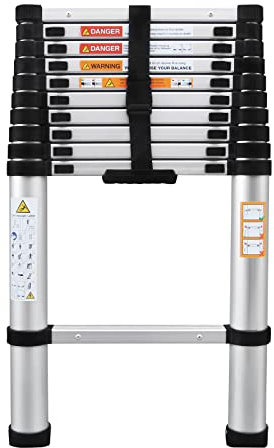 Aluminium Telescoping Ladder, 3.2M Heavy Duty Multi-Purpose, Non-Slip, Max Load 150kg/330lb, Portable Extension Loft Ladder