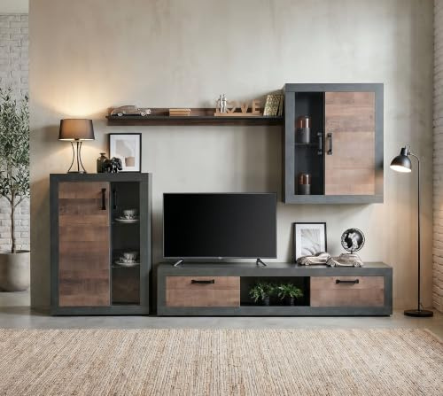 Homely - Mueble de Salón Modular Duke | Conjunto 4 Muebles 300 cm. | Muebles Salón Completo | Mueble para Televisión + Mueble Bajo + Mueble Alto + Estantería Alta | Color Nogal y Grafito