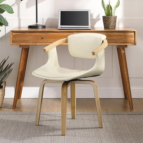 Zouron Esszimmerstühle Drehbar Beige, Drehstuhl Holzbeine Kunstleder Polsterstuhl mit Armlehnen Sessel Pappelnholz Esszimmerstühle Holz Stuhl Beige Sitzfläche 41x51cm