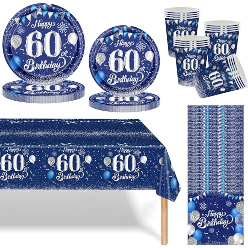 Navy Blau Silber 60 Geburtstag Partygeschirr Set,69 Stück 60.Geburtstag Männer Frauen Blau Silber Deko Pappteller Becher, Servietten und Tischdecke Set,Tischdeko für 60.Geburtstagsdeko Partys 16 Gäste