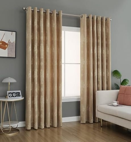 BQC Eyelet Curtains for Bedroom Living Room Jacquard Ring Top Readymade Lined Curtains for Home & Office Pair Panel with Tie Backs (Virginia Gold, W 66” X L 54”)