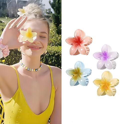 Frogetu 4 Stück Blumen Haarschmuck,Hawaii Haarspange,Haarklammern mit Plumeria-Blumen-Motiv, Acryl,Blumen Haarspangen für Frauen Dick/Dünn Haar,Hawaii Haarklammer,Haarklammern Blumen,Rutschfest Schön