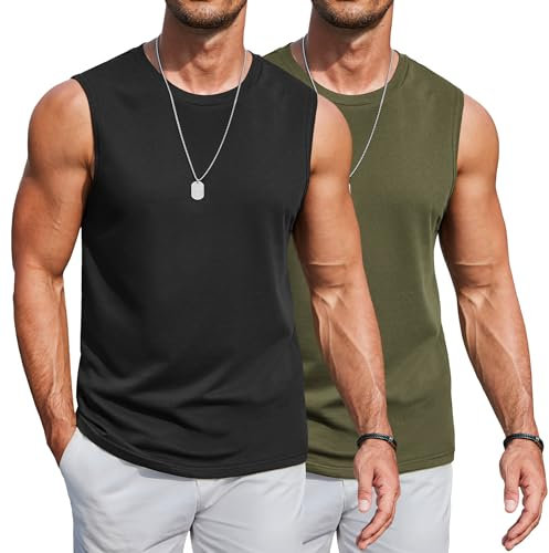 COOFANDY Herren-Tank-Tops, Baumwolle, 3er-Pack, weich, Fitnessstudio, Muskelshirt, ärmellos, klassische T-Shirts, Schwarz/Armeegrün, XL