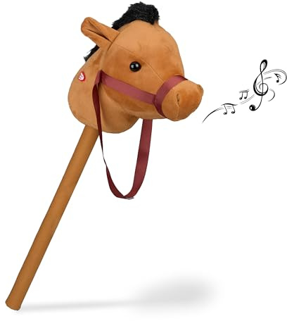 Relaxdays Steckenpferd mit Sound, Kinder, Plüsch & Kunststoff, Höhe: 68 cm, niedliches Stockpferd, Stabpferd, hellbraun