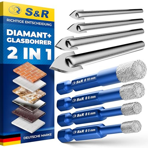 S&R Set di 8 Punte Trapano 4 Diamantate e 4 Vetro (5, 6, 8, 10 mm). Punte Trapano Gres Porcellanato Piastrelle Ceramica Granito Marmo Professionali. Foretto Diamantato per Trapano.